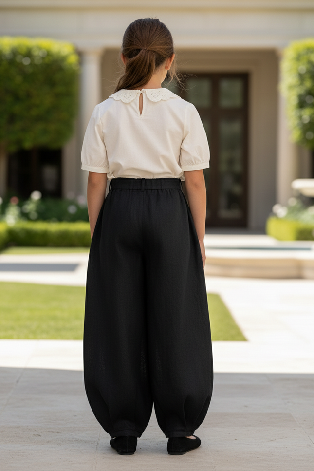 Pantalon En Lin Noir Ample Large Fille Élégant - vue 2