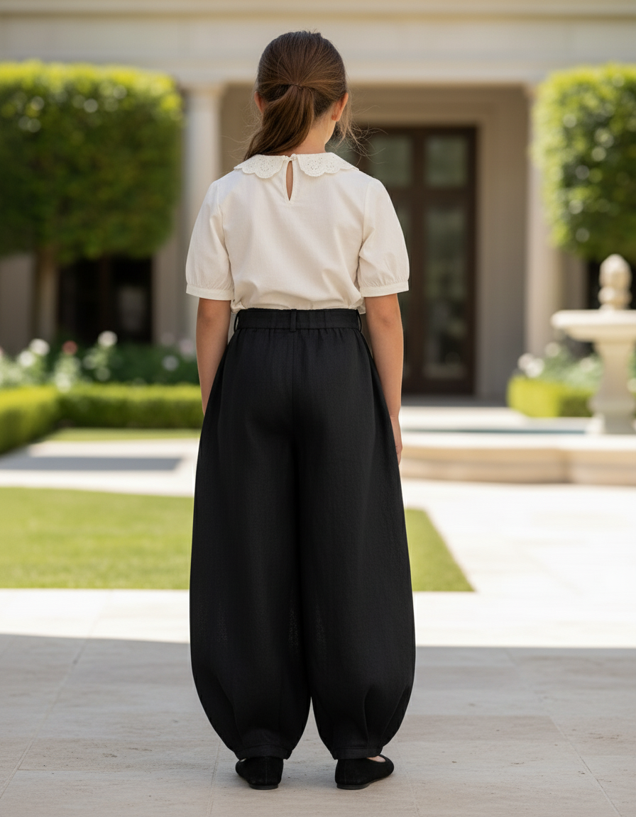 Pantalon En Lin Noir Ample Large Fille Élégant - vue 2