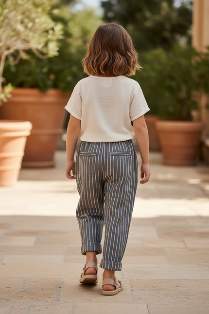 Pantalon En Lin Rayé Gris Ample Enfant Coton Doux - vue 2