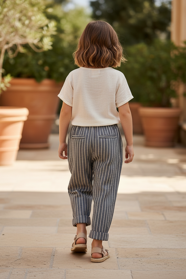 Pantalon En Lin Rayé Gris Ample Enfant Coton Doux - vue 2