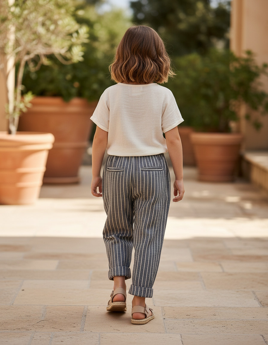 Pantalon En Lin Rayé Gris Ample Enfant Coton Doux - vue 2