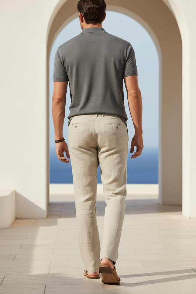 Pantalon En Lin Homme Beige Droit Décontracté Léger - vue 2