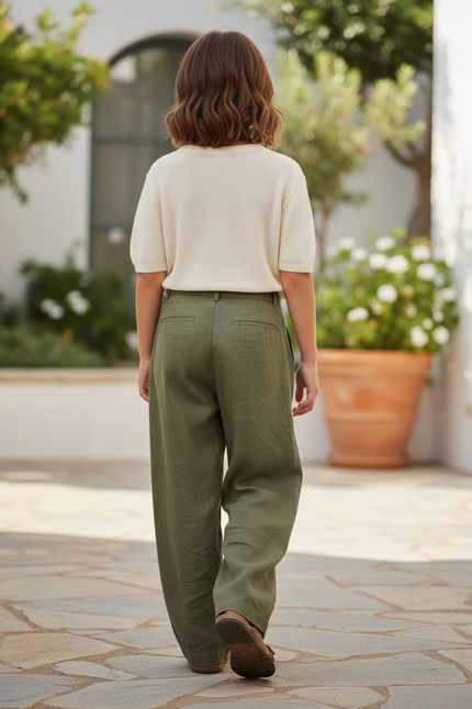 Pantalon En Lin Vert Ample Plissé Enfant Décontracté - Kaki - vue 2