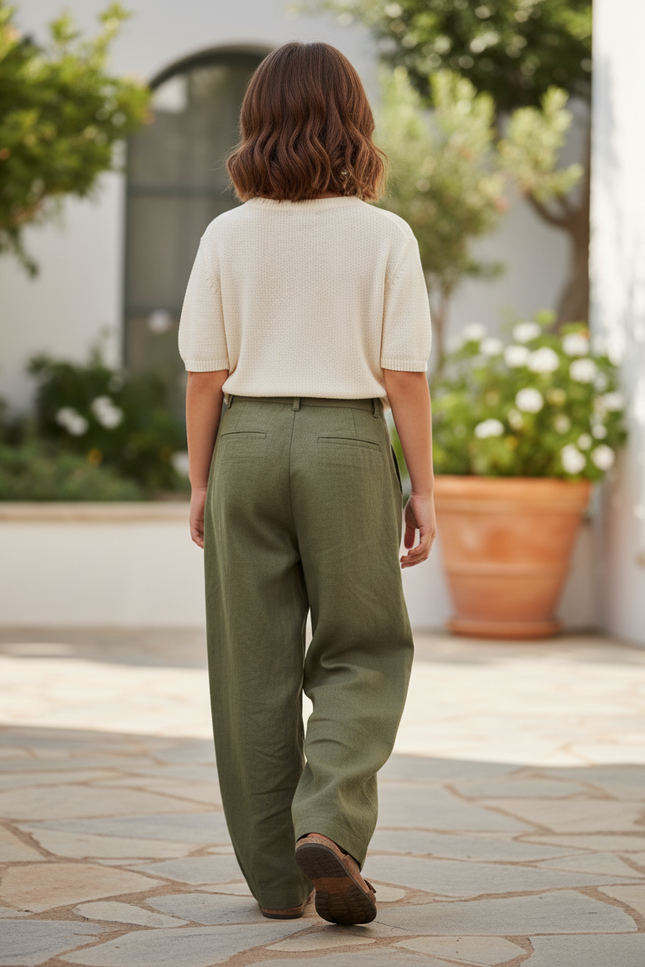 Pantalon En Lin Vert Ample Plissé Enfant Décontracté - Kaki - vue 2