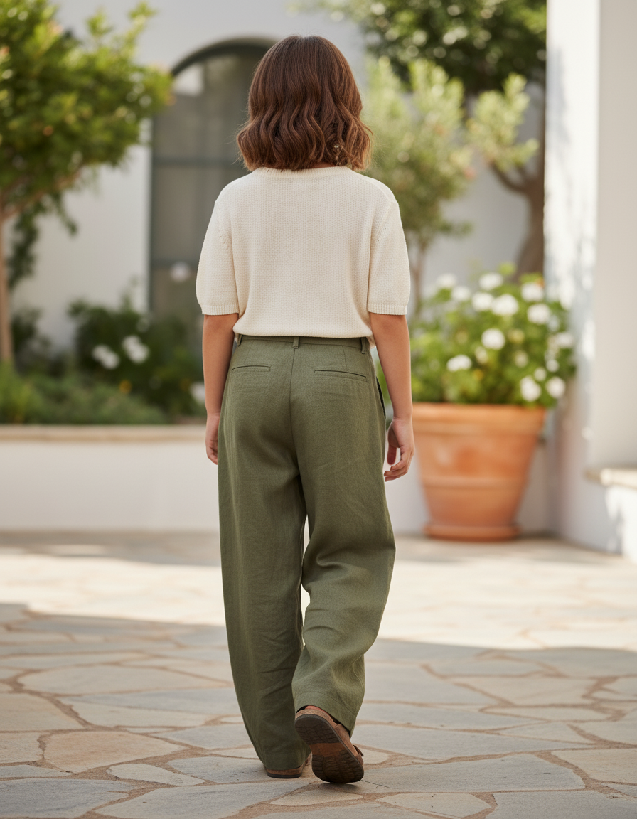 Pantalon En Lin Vert Ample Plissé Enfant Décontracté - Kaki - vue 2