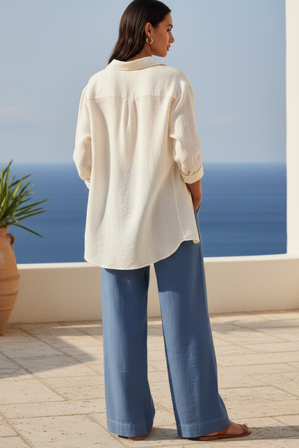 Pantalon En Lin Bleu Ample Fluide Décontracté Cordon - vue 2