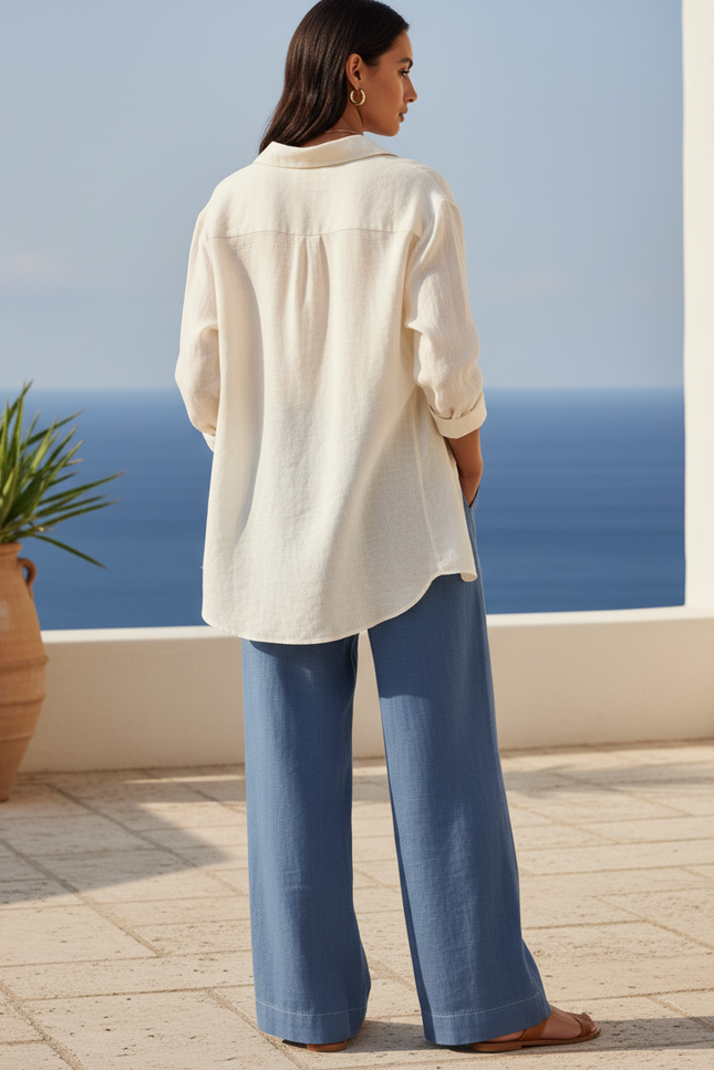 Pantalon En Lin Bleu Ample Fluide Décontracté Cordon - vue 2