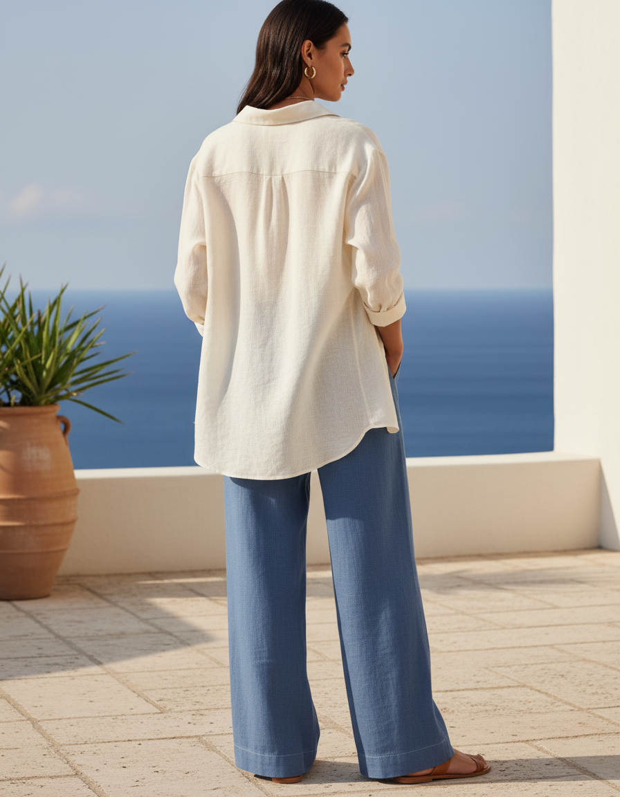 Pantalon En Lin Bleu Ample Fluide Décontracté Cordon - vue 2