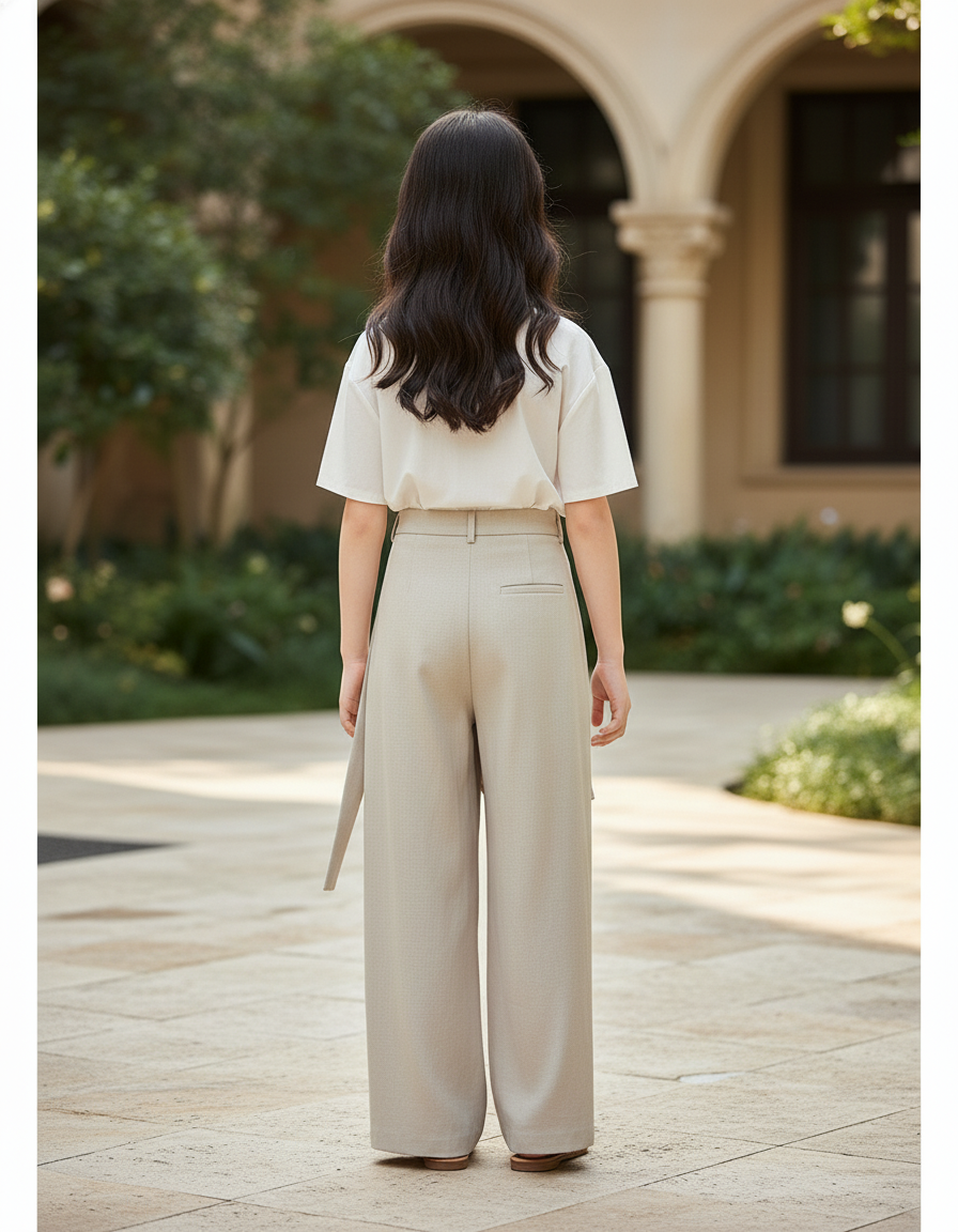 Pantalon En Lin Beige Ample Drapé Élégant Ceinture - vue 2