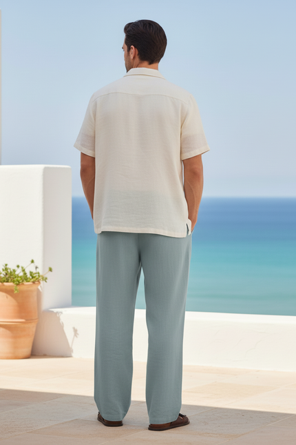 Pantalon En Lin Homme Ample Droit Décontracté Cordon - Bleu - vue 2