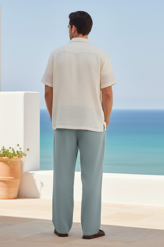 Pantalon En Lin Homme Ample Droit Décontracté Cordon - Bleu - vue 2
