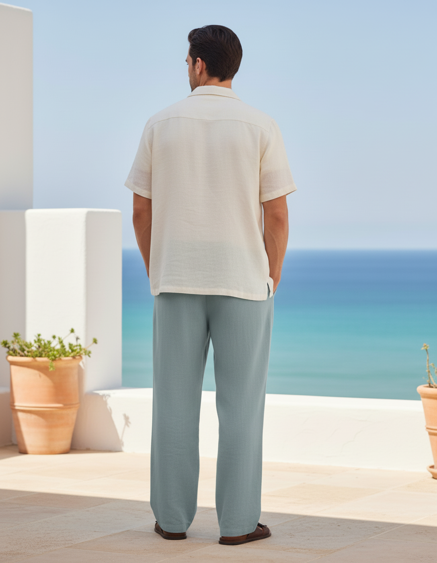 Pantalon En Lin Homme Ample Droit Décontracté Cordon - Bleu - vue 2