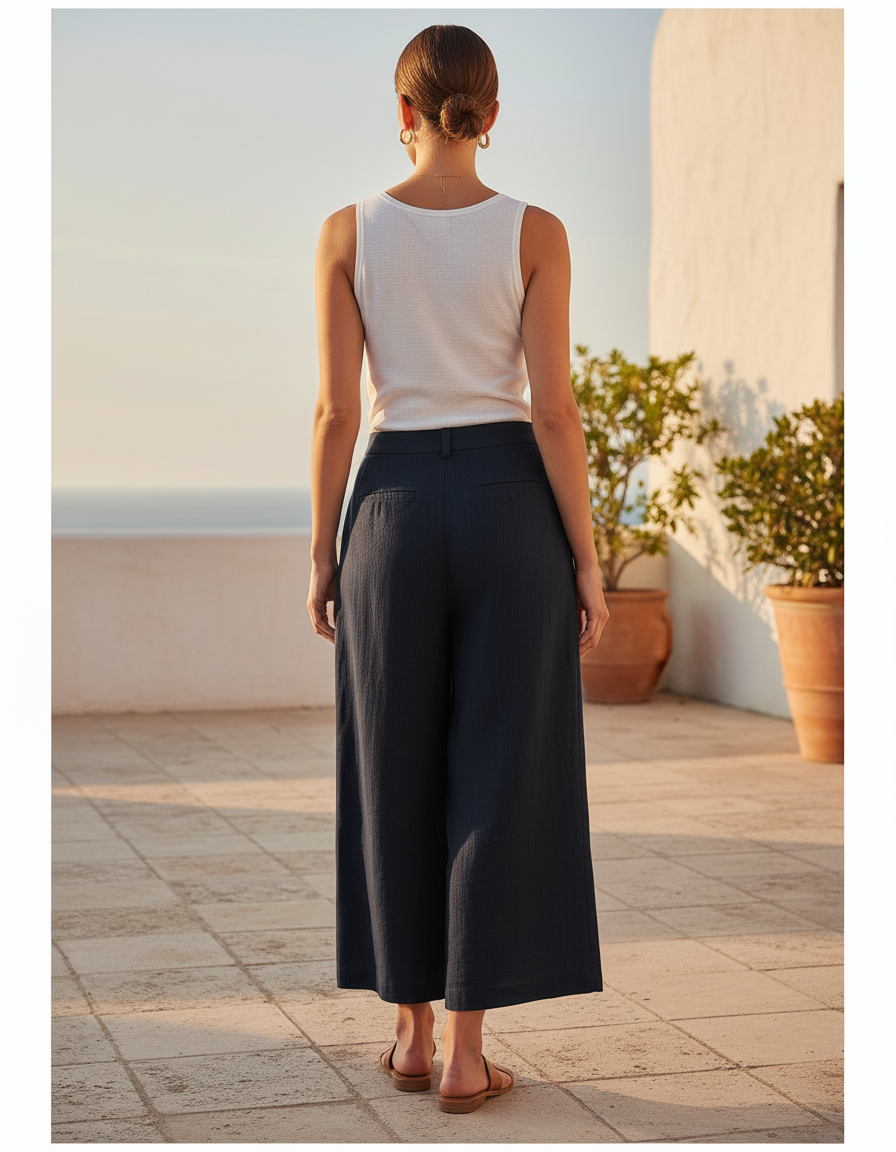 Pantalon En Lin Noir Ample Plissé Confortable - Marine - vue 2