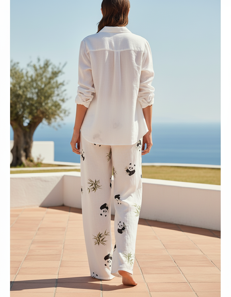 Pantalon En Lin Blanc Imprimé Panda Ample Fluide - vue 2