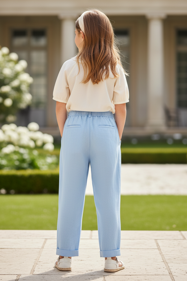 Pantalon En Lin Bleu Plissé Cordon Ample Enfant - vue 2