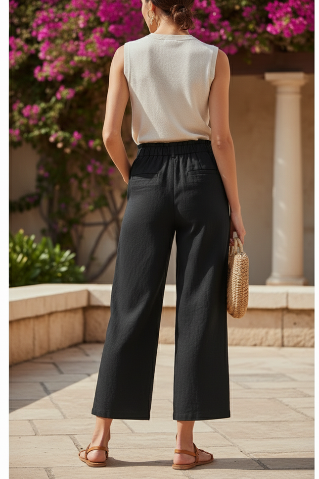 Pantalon En Lin Noir Ample Élastiqué Décontracté Femme - vue 2