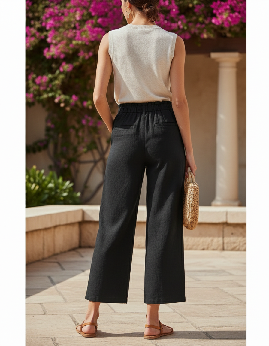 Pantalon En Lin Noir Ample Élastiqué Décontracté Femme - vue 2
