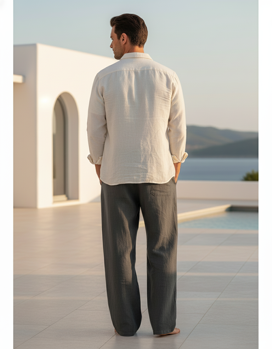 Pantalon En Lin Homme Ample Décontracté Cordon Gris - vue 2