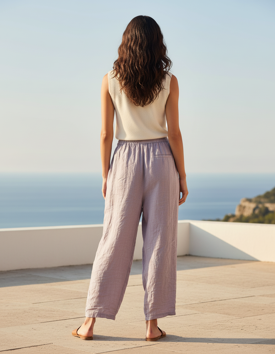 Pantalon En Lin Ample Violet Taille Élastique Femme - vue 2