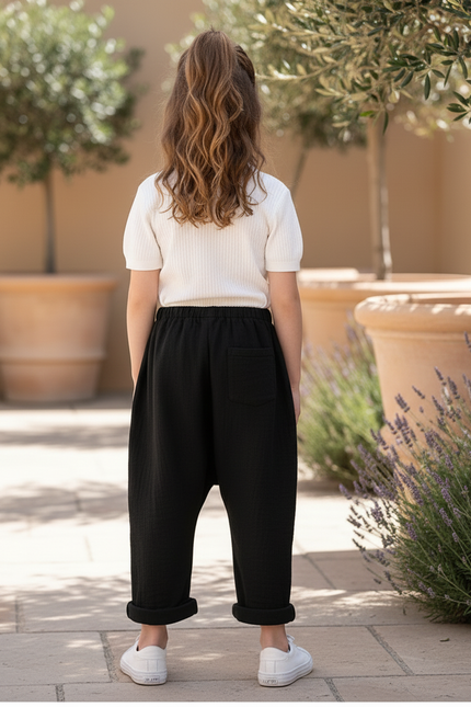 Pantalon En Lin Noir Ample Décontracté Enfant - vue 2