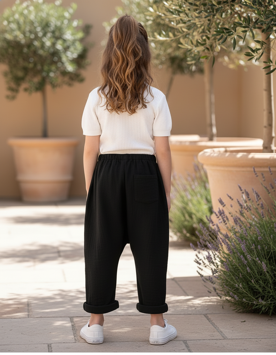 Pantalon En Lin Noir Ample Décontracté Enfant - vue 2