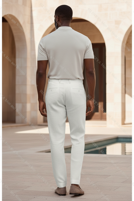 Pantalon En Lin Blanc Décontracté Droit Homme - vue 2