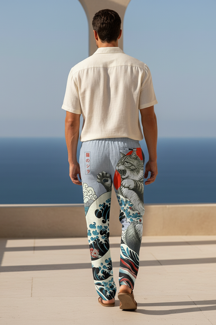 Pantalon En Lin Imprimé Chat Japonais Ample Homme - vue 2