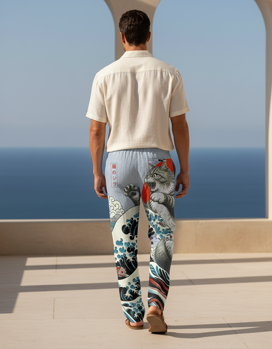Pantalon En Lin Imprimé Chat Japonais Ample Homme - vue 2