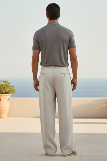 Pantalon En Lin Beige Ample Plissé Homme - vue 2