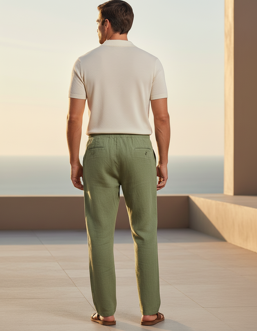 Pantalon Lin Homme Vert - vue 2