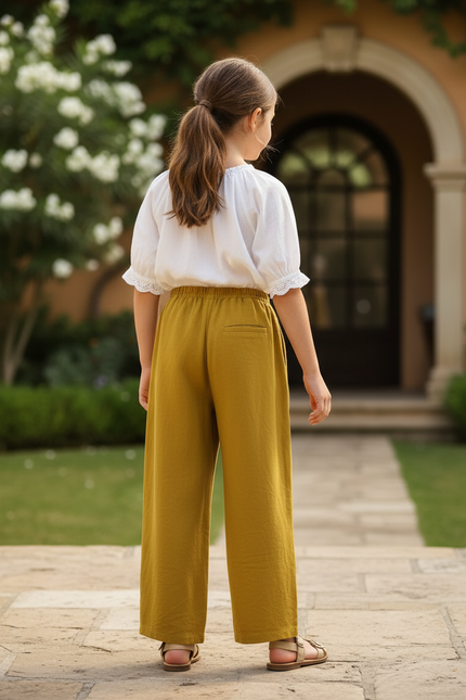 Pantalon En Lin Ample Moutarde Confortable Fille - Kaki - vue 2