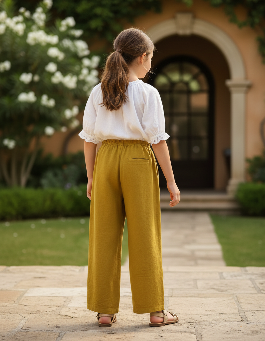 Pantalon En Lin Ample Moutarde Confortable Fille - Kaki - vue 2