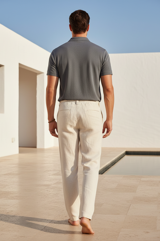 Pantalon En Lin Beige Décontracté Droit Homme Cordon - vue 2