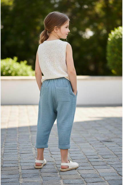 Pantalon En Lin Gaze Bleu Ample Enfant - vue 2