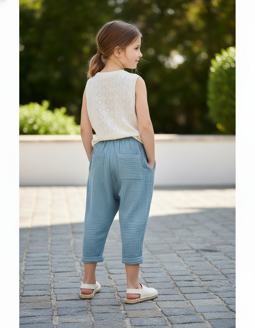 Pantalon En Lin Gaze Bleu Ample Enfant - vue 2