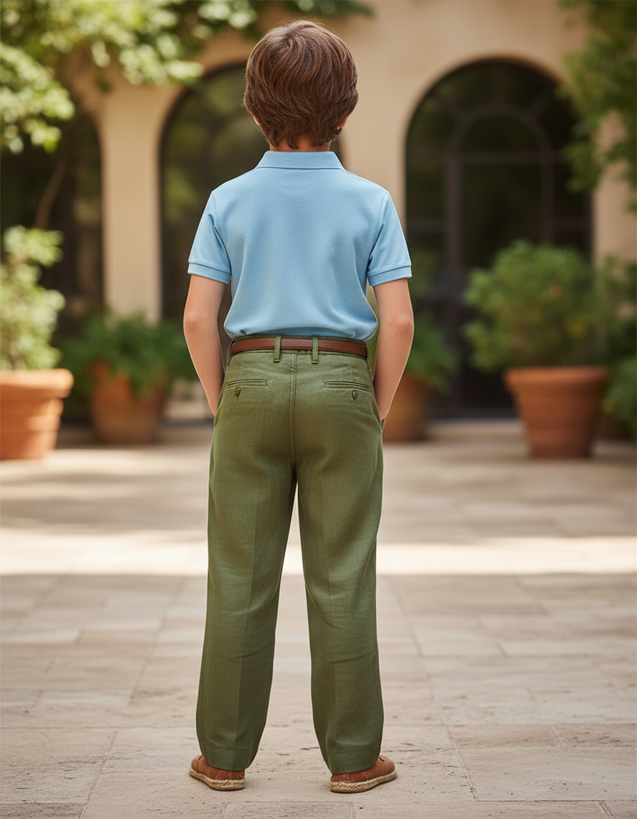 Pantalon En Lin Vert Plissé Décontracté Garçon - vue 2