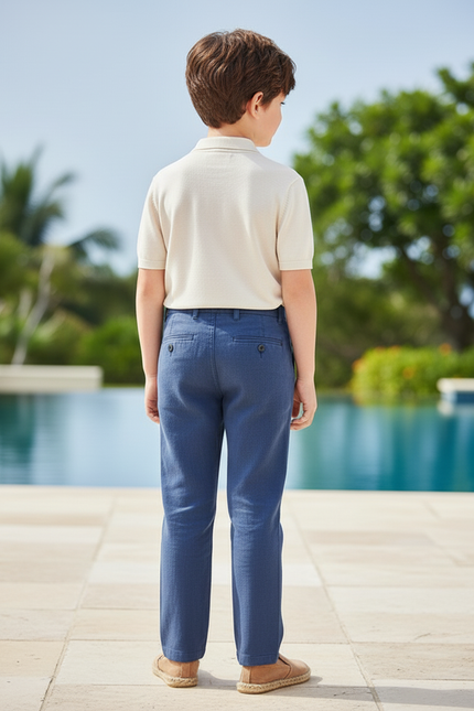 Pantalon En Lin Bleu Droit Décontracté Garçon - vue 2