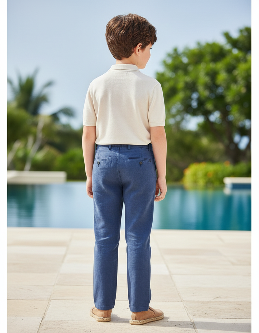 Pantalon En Lin Bleu Droit Décontracté Garçon - vue 2