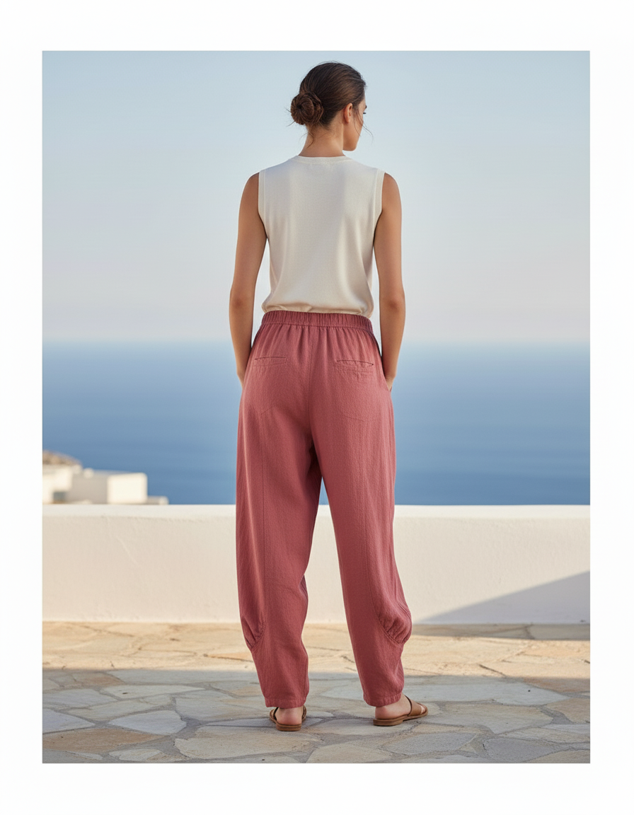 Pantalon En Lin Rose Ample Décontracté Femme - vue 2