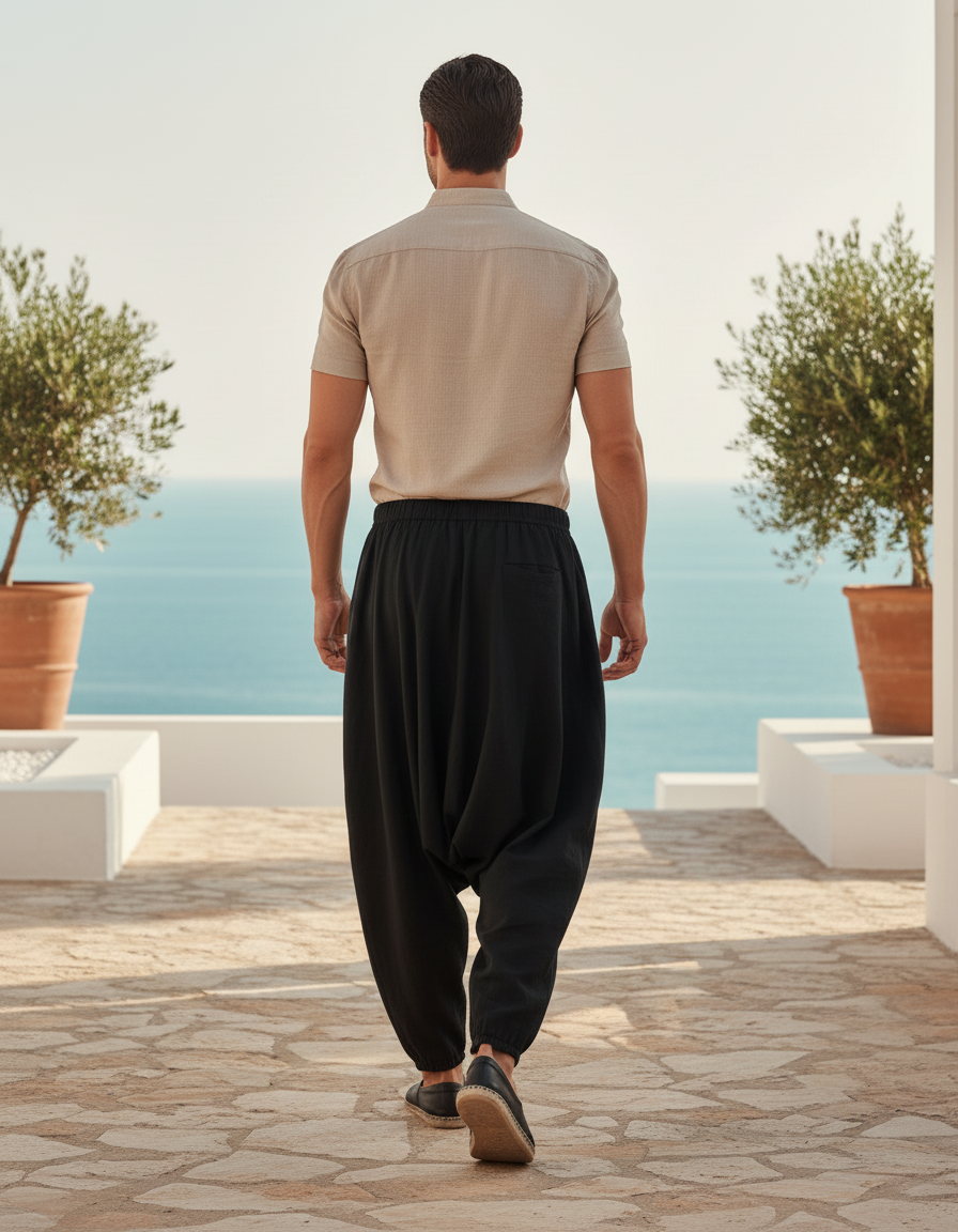 Pantalon En Lin Noir Ample Décontracté Imprimé Homme - vue 2