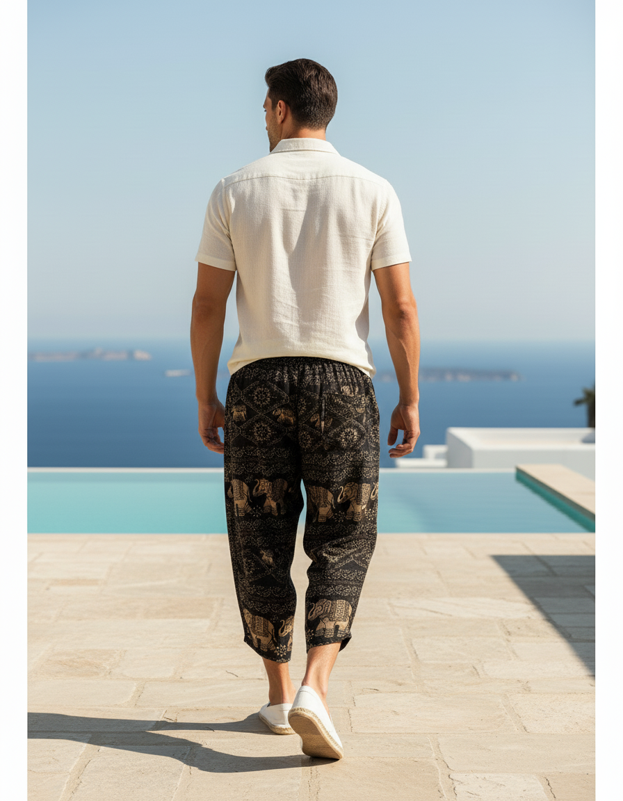 Pantalon En Lin Noir Ample Imprimé Éléphants Harem Homme - vue 2