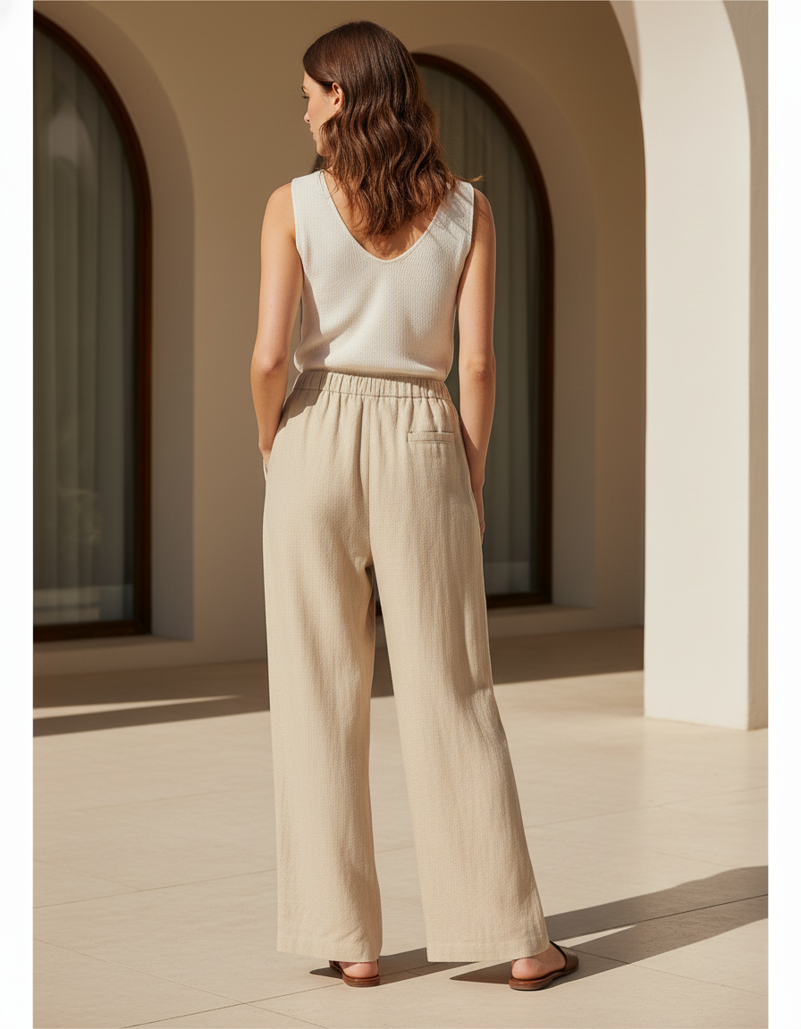 Pantalon En Lin Beige Ample Décontracté Fluide Élastique - vue 2