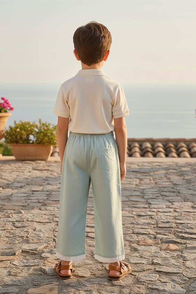 Pantalon En Lin Vert Menthe Ample Dentelle Enfant - vue 2