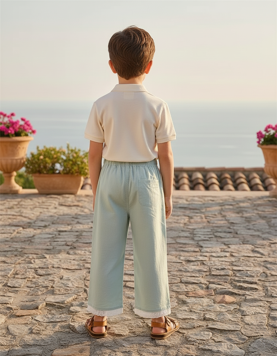 Pantalon En Lin Vert Menthe Ample Dentelle Enfant - vue 2