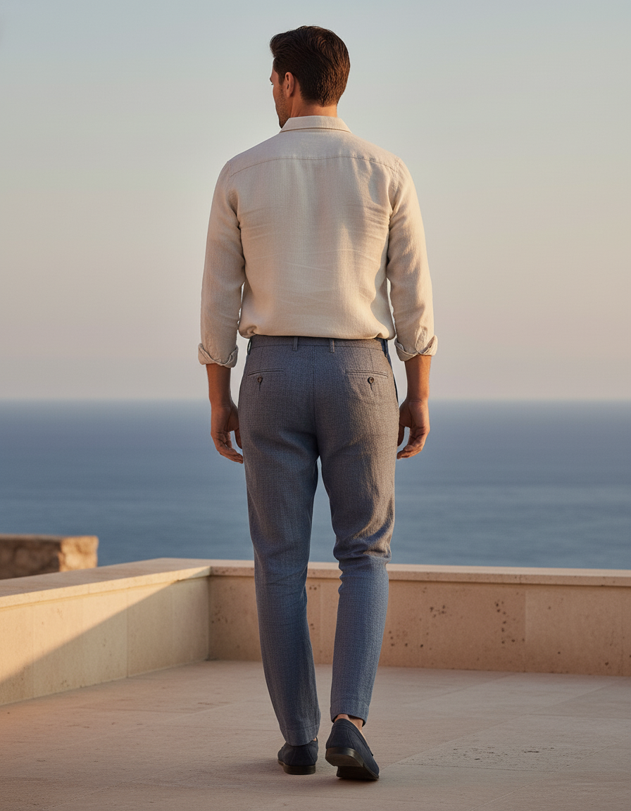 Pantalon En Lin Gris Droit Élégant Micro-Motif Homme - vue 2
