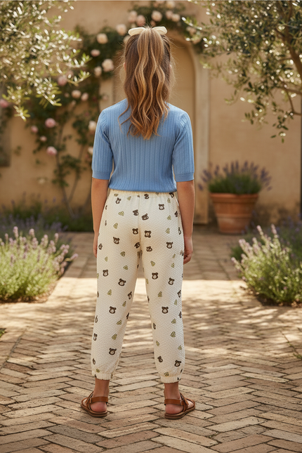 Pantalon En Lin Écru Imprimé Oursons Ample Fille - Beige - vue 2