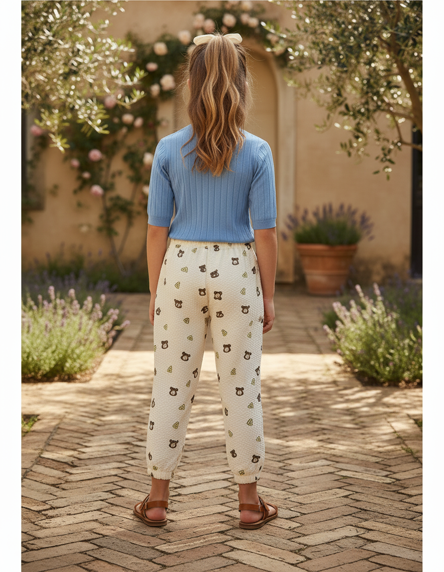 Pantalon En Lin Écru Imprimé Oursons Ample Fille - Beige - vue 2