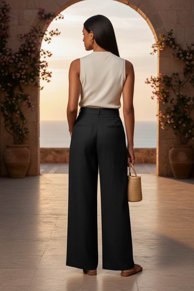 Pantalon En Lin Noir Ample Décontracté Fluide Chic - vue 2