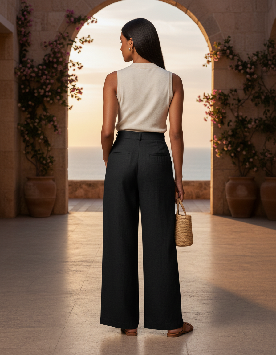 Pantalon En Lin Noir Ample Décontracté Fluide Chic - vue 2