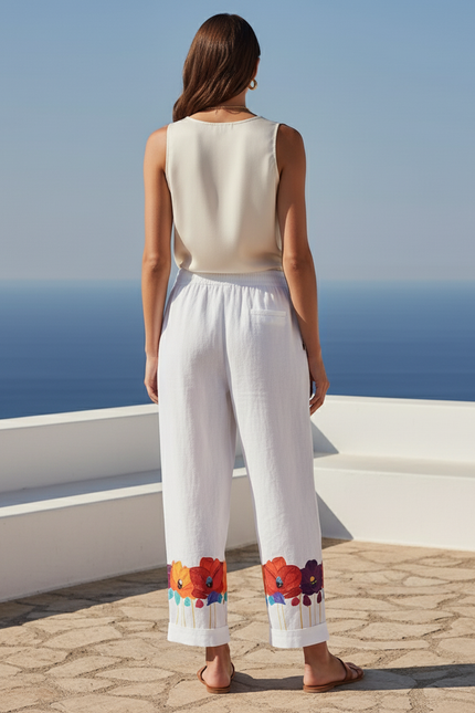 Pantalon En Lin Blanc Imprimé Floral Ample Décontracté - vue 2